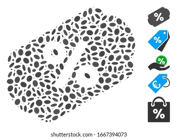 Mosaico distorsionado basado en cupón de descuento. El cupón de descuento por vector mosaico está compuesto por puntos de elipse dispersos. Se agregan iconos de bonificación.