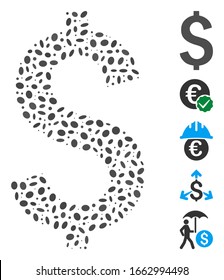 Dotted Mosaic based on dollar symbol. Mosaic vector dollar symbol is created with randomized ellipse spots.