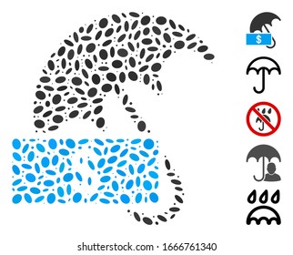 Dotted Mosaic based on dollar umbrella. Mosaic vector dollar umbrella is formed with randomized ellipse elements. Bonus icons are added.