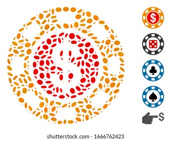 Dotted Mosaic based on dollar casino chip. Mosaic vector dollar casino chip is composed with randomized ellipse elements. Bonus icons are added.