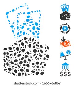 Dotted Mosaic based on dollar banknotes salary. Mosaic vector dollar banknotes salary is formed with random ellipse spots. Bonus icons are added.