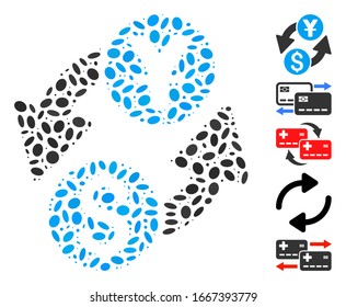 Dotted Mosaic based on dollar yuan exchange. Mosaic vector dollar yuan exchange is composed with random ellipse dots. Bonus icons are added.