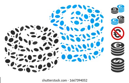 Dotted Mosaic based on Dollar and Euro coin stacks. Mosaic vector Dollar and Euro coin stacks is formed with scattered elliptic spots. Bonus icons are added.