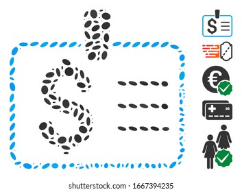 Mosaico distorsionado basado en la insignia del dólar. La placa vectorial de mosaico está diseñada con puntos de elipse aleatorizados. Se agregan iconos de bonificación.