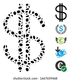 Mosaico distorsionado basado en el dólar. El dólar vector mosaico se forma con puntos elípticos aleatorizados. Se agregan iconos de bonificación.