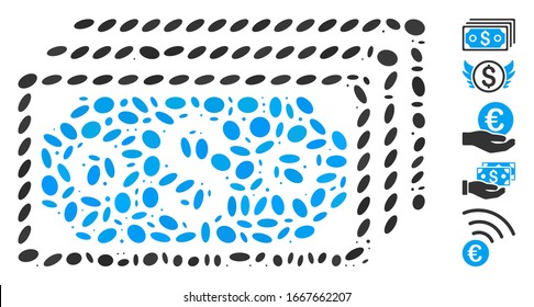Dotted Mosaic based on dollar banknotes. Mosaic vector dollar banknotes is formed with scattered oval elements. Bonus icons are added.
