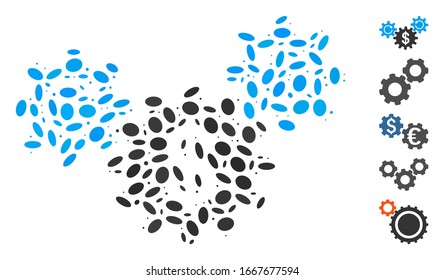 gepunktetes Mosaik auf der Grundlage der Rotation von Dollarrädern. Die Rotation der Mosaiken-Vektorillustration-Dollar-Räder wird mit randomisierten Ellipsenflecken erstellt. Bonussymbole werden hinzugefügt.
