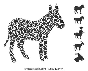 Dotted Mosaic based on donkey. Mosaic vector donkey is formed with scattered rectangle spots. Bonus icons are added.