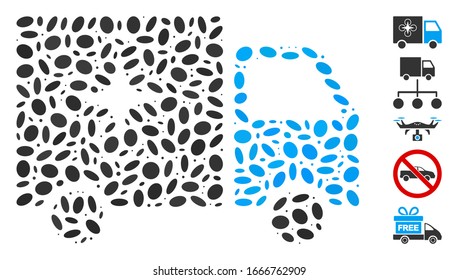 Dotted Mosaic based on drone delivery van. Mosaic vector drone delivery van is formed with random ellipse items. Bonus icons are added.