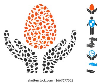 Dotted Mosaic based on egg incubator hands. Mosaic vector egg incubator hands is composed with scattered ellipse items. Bonus icons are added.