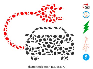 Dotted Mosaic based on electric car. Mosaic vector electric car is composed with scattered ellipse elements. Bonus icons are added.