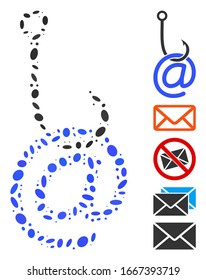 Dotted Mosaic based on email phishing malware. Mosaic vector email phishing malware is created with scattered elliptic dots. Bonus icons are added.