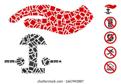 Dotted Mosaic based on emergency stop. Mosaic vector emergency stop is created with scattered rectangle spots. Bonus icons are added.