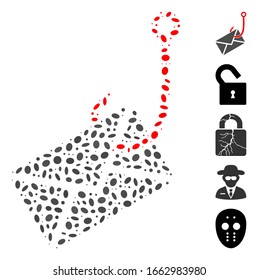 Dotted Mosaic based on envelope phishing hook. Mosaic vector envelope phishing hook is composed with randomized oval dots.