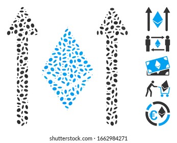 Gedotter Mosaik auf Basis von Ethereum Kristall senden Pfeile. Mosaike Vektorillustration Ethereum Kristall-Sende-Pfeile werden mit randomisierten Ellipsen gebildet.