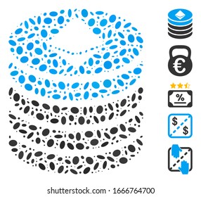 Dotted Mosaic based on Ethereum coin stack. Mosaic vector Ethereum coin stack is created with random ellipse items. Bonus icons are added.