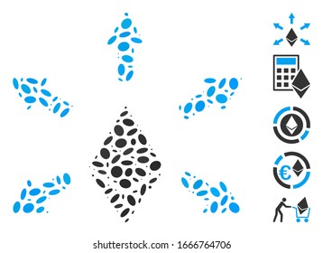 Dotted Mosaic based on Ethereum emission. Mosaic vector Ethereum emission is created with scattered ellipse elements. Bonus icons are added.