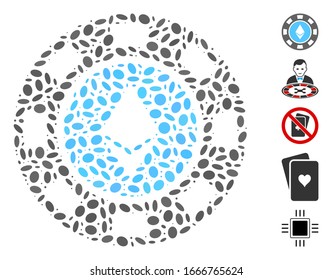 Mosaico distorsionado basado en el chip del casino Ethereum. El chip del casino Ethereum vector mosaico está compuesto por elementos elípticos aleatorios. Se agregan iconos de bonificación.