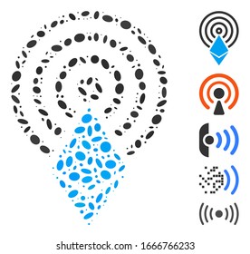 Dotted Mosaik auf der Grundlage von Ethereum Kristall-Lufttropfen. Mosaike Vektorillustration Die ätherische Kristallluft besteht aus verstreuten Ellipsenelementen. Bonussymbole werden hinzugefügt.