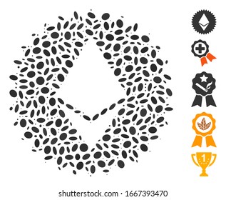 Dotted Mosaic based on Ethereum medal coin. Mosaic vector Ethereum medal coin is designed with scattered oval spots. Bonus icons are added.