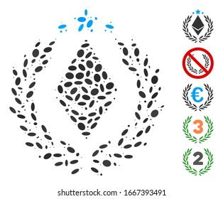 Dotted Mosaic based on Ethereum laurel wreath. Mosaic vector Ethereum laurel wreath is formed with scattered elliptic dots. Bonus icons are added.