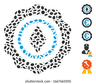 Dotted Mosaic based on Ethereum seal. Mosaic vector Ethereum seal is designed with randomized elliptic elements. Bonus icons are added.