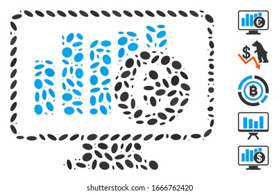 Mosaico distorsionado basado en el seguimiento del mercado de valores de la Eurocopa. Vector mosaico El seguimiento del mercado de valores del euro está diseñado con objetos ovales aleatorios. Se agregan iconos de bonificación.
