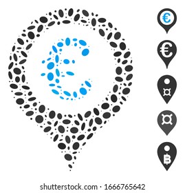 Mosaico trazado basado en el marcador del mapa del euro. Vector mosaico El marcador de mapa del euro se forma con puntos ovales aleatorizados. Se agregan iconos de bonificación.