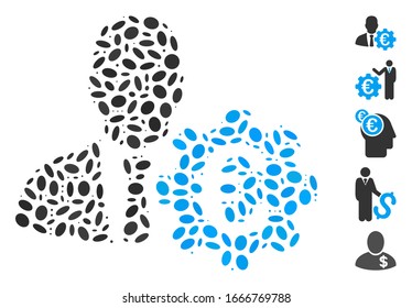 Dotted Mosaic based on Euro economist. Mosaic vector Euro economist is composed with randomized ellipse elements. Bonus icons are added.