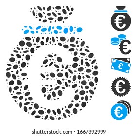 Dotted Mosaic based on Euro fund. Mosaic vector Euro fund is designed with randomized ellipse dots. Bonus icons are added.