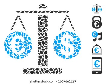 Dotted Mosaic based on Euro and Dollar scales. Mosaic vector Euro and Dollar scales is designed with scattered oval elements. Bonus icons are added.