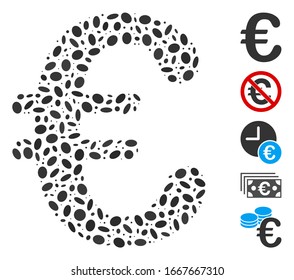 Dotted Mosaic based on Euro symbol. Mosaic vector Euro symbol is formed with randomized oval elements. Bonus icons are added.