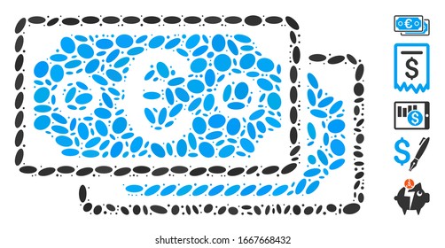 Dotted Mosaic based on Euro banknotes. Mosaic vector Euro banknotes is formed with scattered elliptic items. Bonus icons are added.