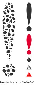 Dotted Mosaic based on exclamation sign. Mosaic vector exclamation sign is created with randomized elliptic items. Bonus icons are added.