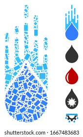 Dotted Mosaic based on falling drop. Mosaic vector falling drop is composed with random rectangular dots. Bonus icons are added.