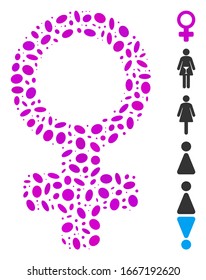 Dotted Mosaic based on female symbol. Mosaic vector female symbol is designed with random elliptic items. Bonus icons are added.