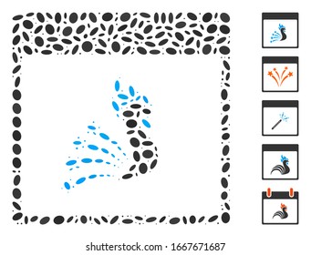 Dotted Mosaic based on festive rooster calendar page. Mosaic vector festive rooster calendar page is composed with randomized ellipse spots. Bonus icons are added.