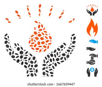Mosaico distorsionado basado en manos de bomberos. Las manos para el cuidado del fuego vectorial mosaico están diseñadas con elementos de elipse dispersos. Se agregan iconos de bonificación.