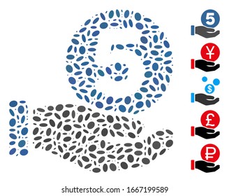 Dotted Mosaic based on five cents payment hand. Mosaic vector five cents payment hand is formed with random ellipse items. Bonus icons are added.