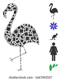 Mosaico distorsionado basado en flamingo. El flamingo vector mosaico está compuesto por puntos rectangulares dispersos. Se agregan iconos de bonificación.