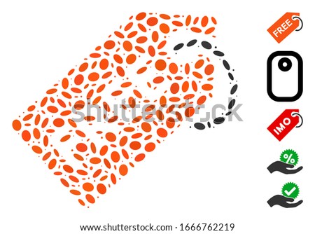 Dotted Mosaic based on free tag. Mosaic vector free tag is designed with randomized elliptic items. Bonus icons are added.