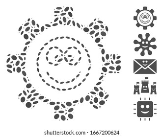 Dotted Mosaic based on gear happy smile. Mosaic vector gear happy smile is composed with random ellipse items. Bonus icons are added.
