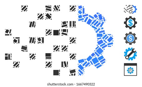 Dotted Mosaic based on gear synthesis. Mosaic vector gear synthesis is created with randomized rectangular spots. Bonus icons are added.