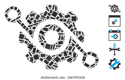 Dotted Mosaic based on gear solution. Mosaic vector gear solution is composed with random rectangular elements. Bonus icons are added.