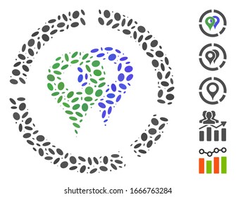 Dotted Mosaic based on geo diagram. Mosaic vector geo diagram is composed with random ellipse spots. Bonus icons are added.