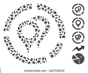 Dotted Mosaic based on geotargeting diagram. Mosaic vector geotargeting diagram is composed with randomized oval elements. Bonus icons are added.