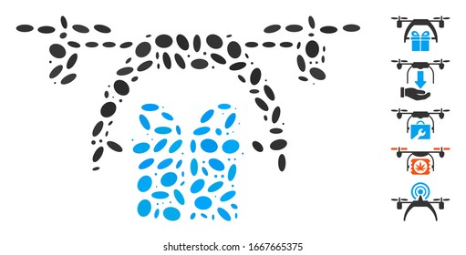 Dotted Mosaic based on gift drone delivery. Mosaic vector gift drone delivery is formed with randomized ellipse items. Bonus icons are added.