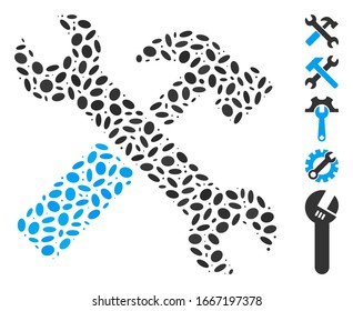 Dotted Mosaic based on hammer and wrench. Mosaic vector hammer and wrench is formed with random elliptic dots. Bonus icons are added.