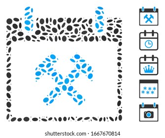 Dotted Mosaic based on hammers calendar day. Mosaic vector hammers calendar day is formed with scattered ellipse spots. Bonus icons are added.