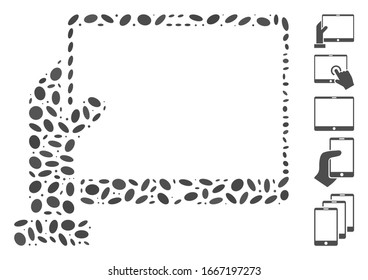 Dotted Mosaic based on hand holds PDA. Mosaic vector hand holds PDA is created with scattered oval items. Bonus icons are added.